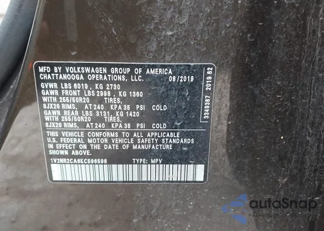 2019 Volkswagen Atlas 3.6L V6 Sel Premium from USA, damaged, VIN 1V2NR2CA6KC596596